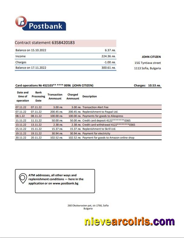 Bulgaria Postbank bank statement in Excel and PDF format